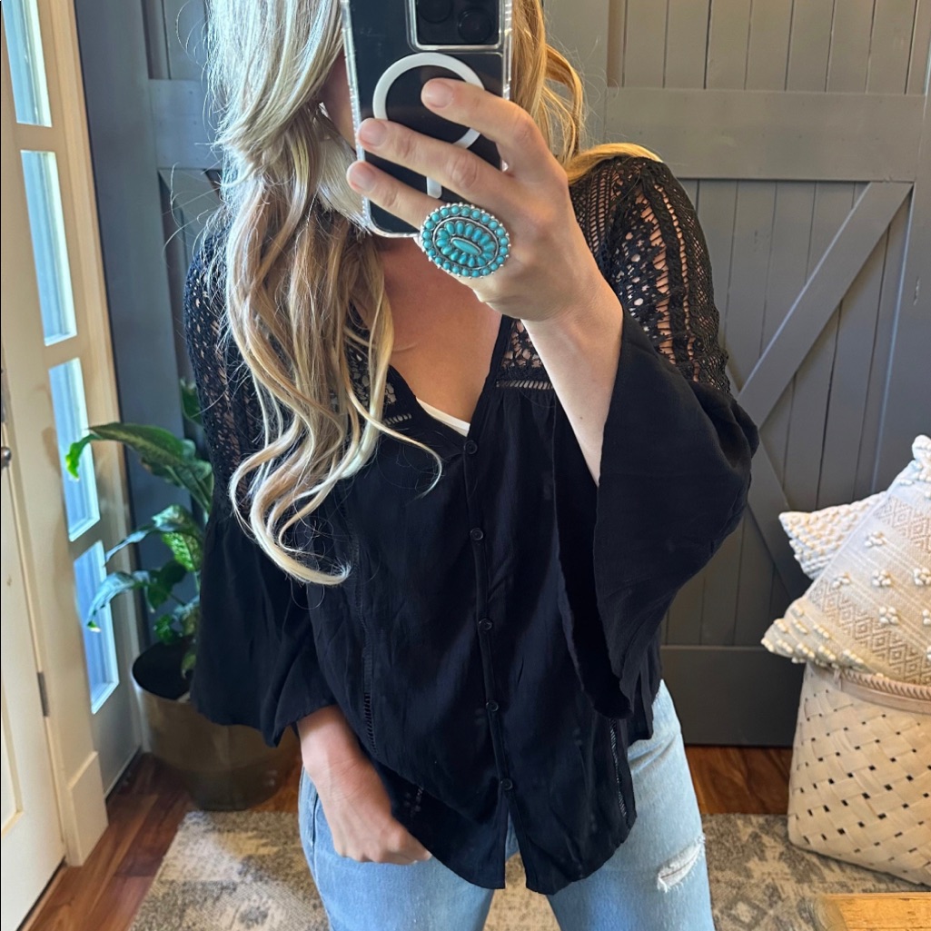 New Boho Black Lace Festival Button Front Blouse Top Shirt Western Casual